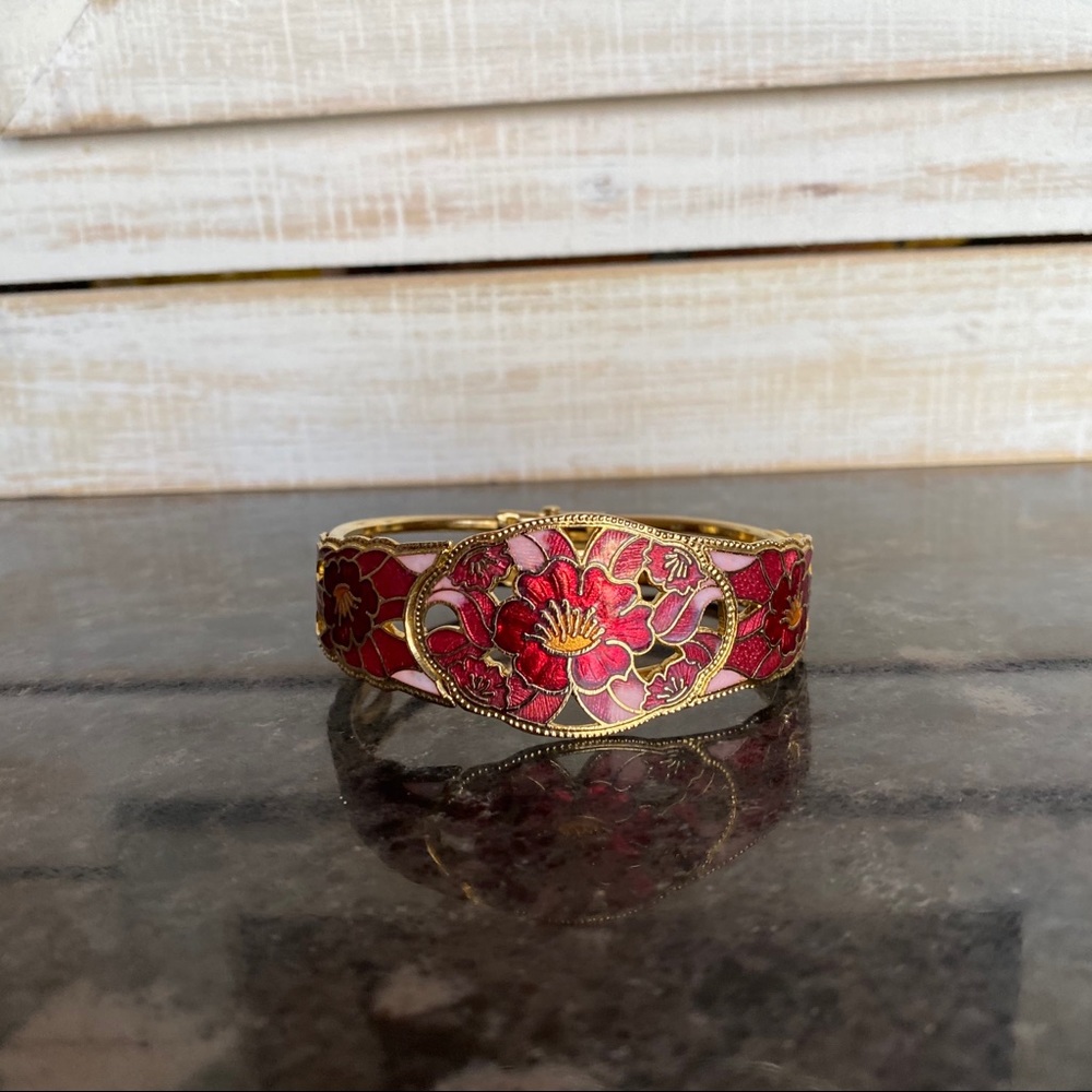 Red floral gold tone cuff bracelet